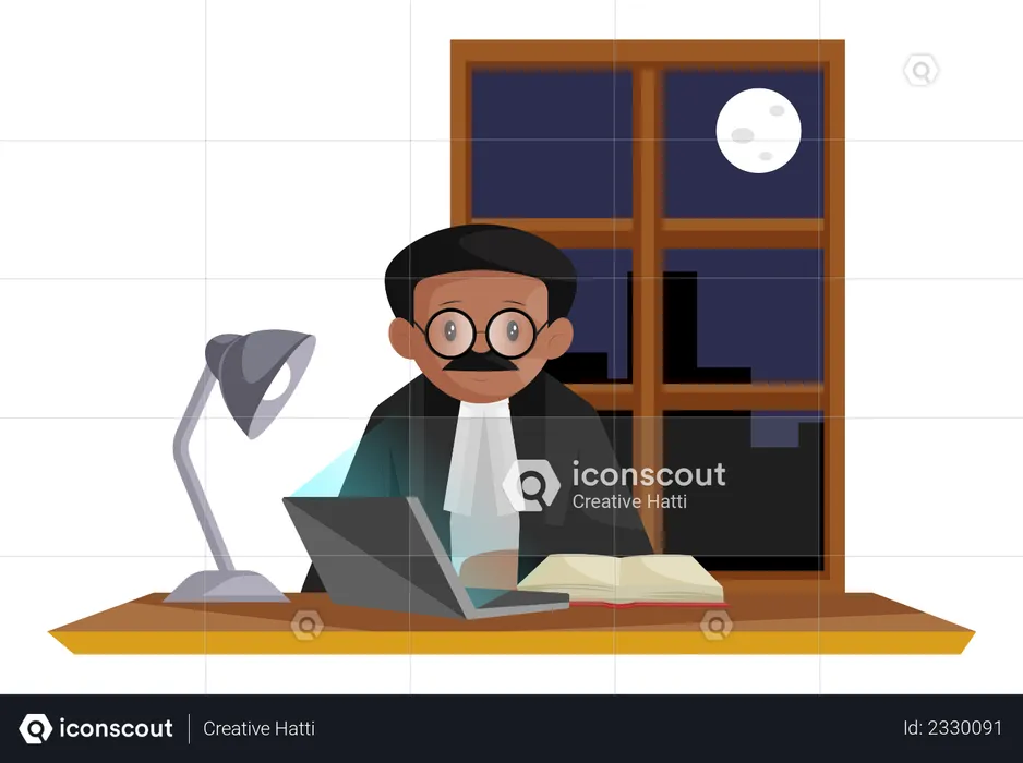 Indian lawyer wearing glasses doing research about case on laptop at night Illustration