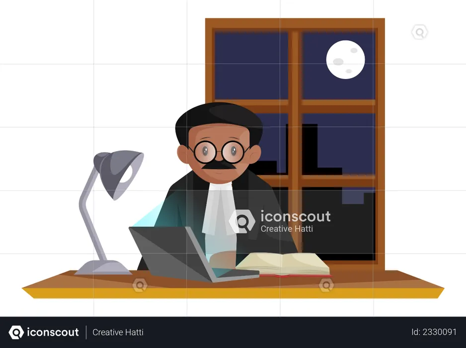 Indian lawyer wearing glasses doing research about case on laptop at night  Illustration