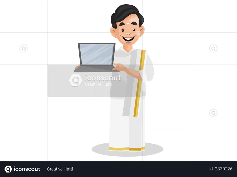 Indian Malayali man is holding laptop in hand  Illustration