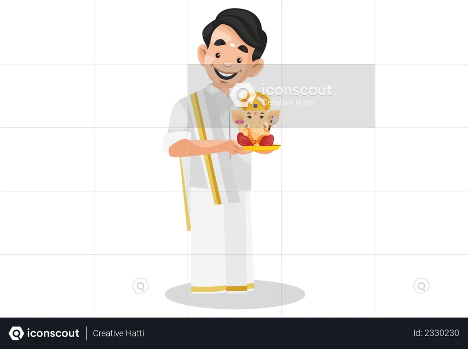 Indian Malayali man is holding Lord Ganesh idol in hands  Illustration