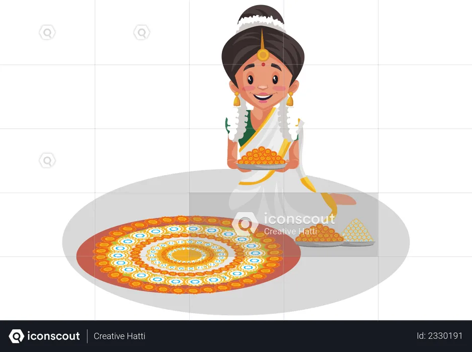 Indian Malayali woman decorating the floor with flowers  Illustration