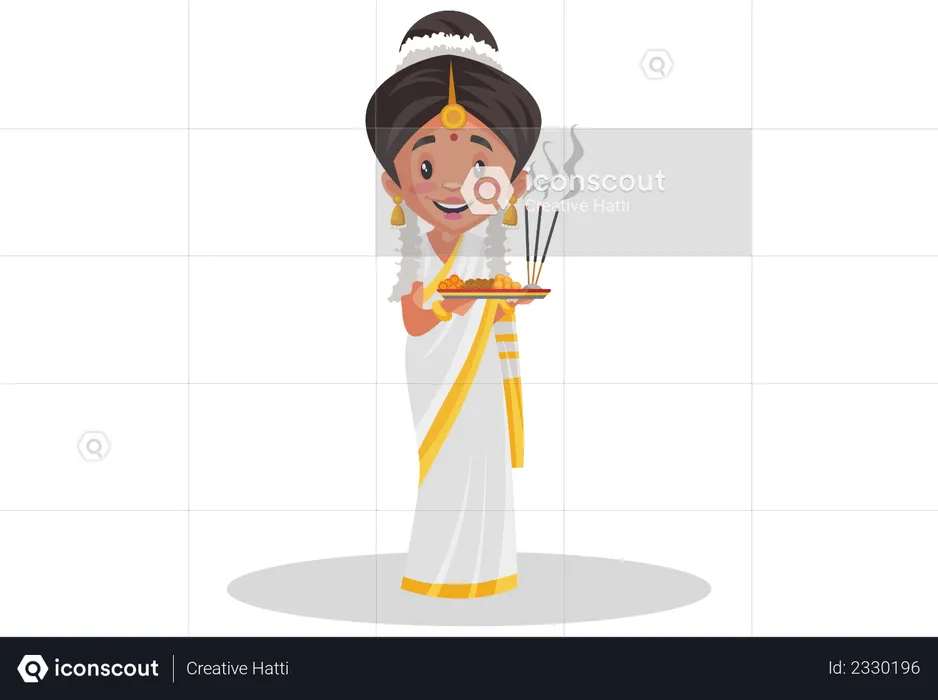 Indian Malayali woman holding worship plate in her hands  Illustration