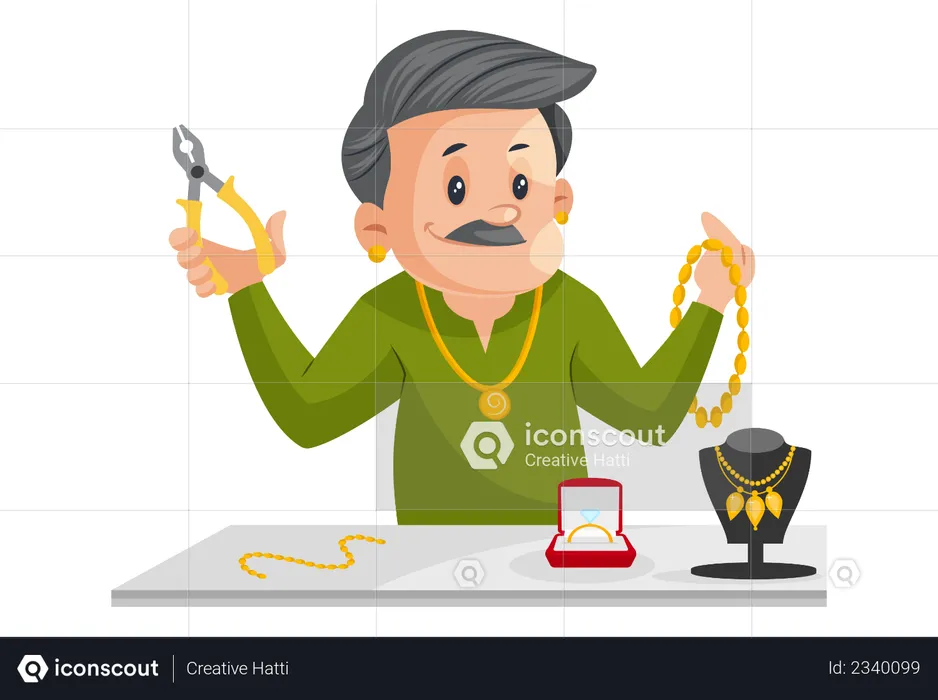 Indian Male Jeweler Is Holding Cutter And Jewelry In Hand  Illustration