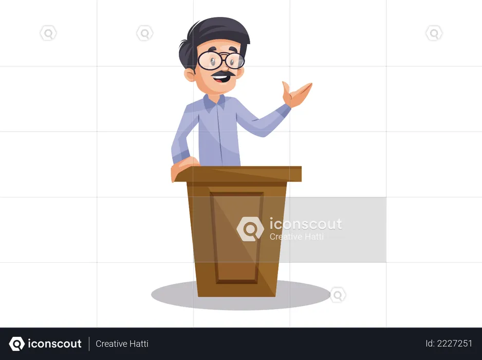 Indian Male Teacher giving speech standing over podium  Illustration