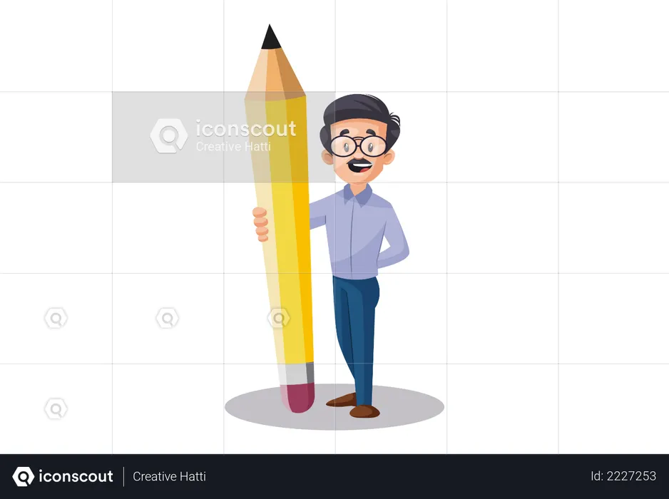 Indian Male Teacher standing with big pencil as educational advertisement concept  Illustration