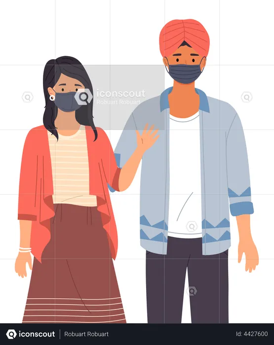 Indian man and girl wearing medical masks  Illustration