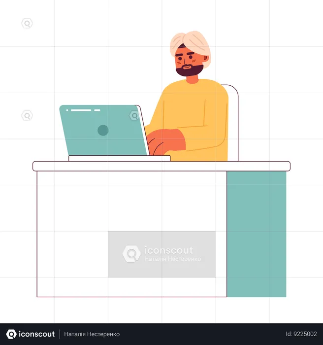 Indian man in turban typing on laptop  Illustration