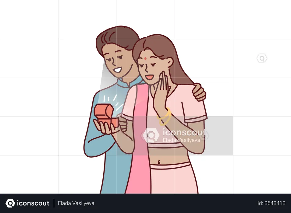 Indian man surprises wife with box of jewelry as token of love and devotion  Illustration