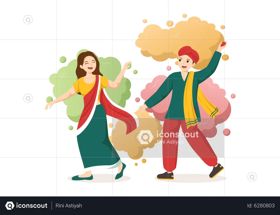 Indian man throwing Holi color on girl  Illustration