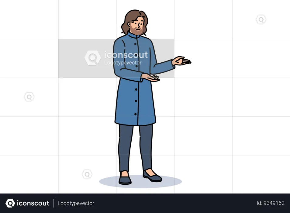 Indian man with beard dressed in blue traditional shervani clothing and points with his hands to sides  Illustration