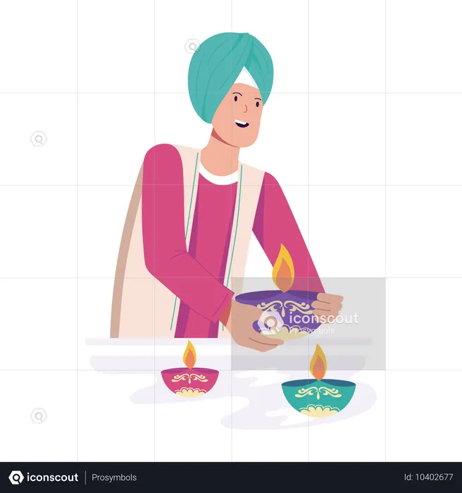 Indian man with diwali lamp  Illustration