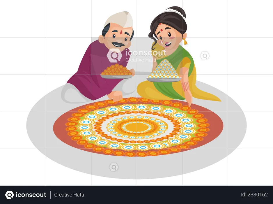Indian Marathi couple is decorating the floor with flowers  Illustration