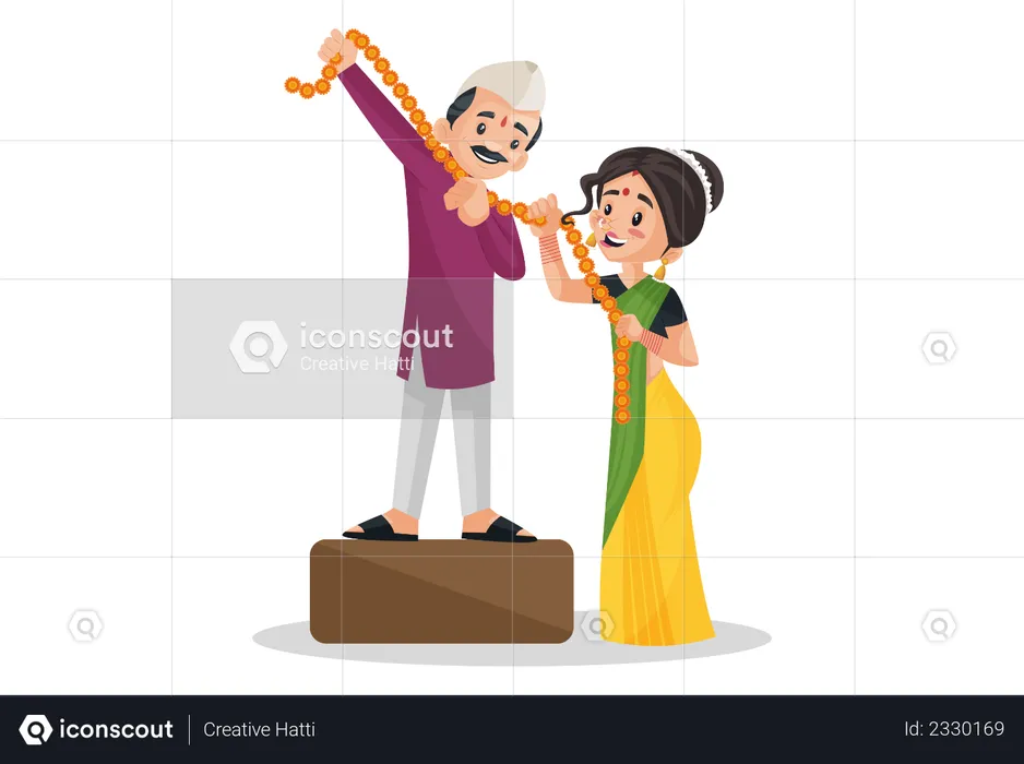 Indian Marathi couple is flirting while decorating with flowers garland  Illustration