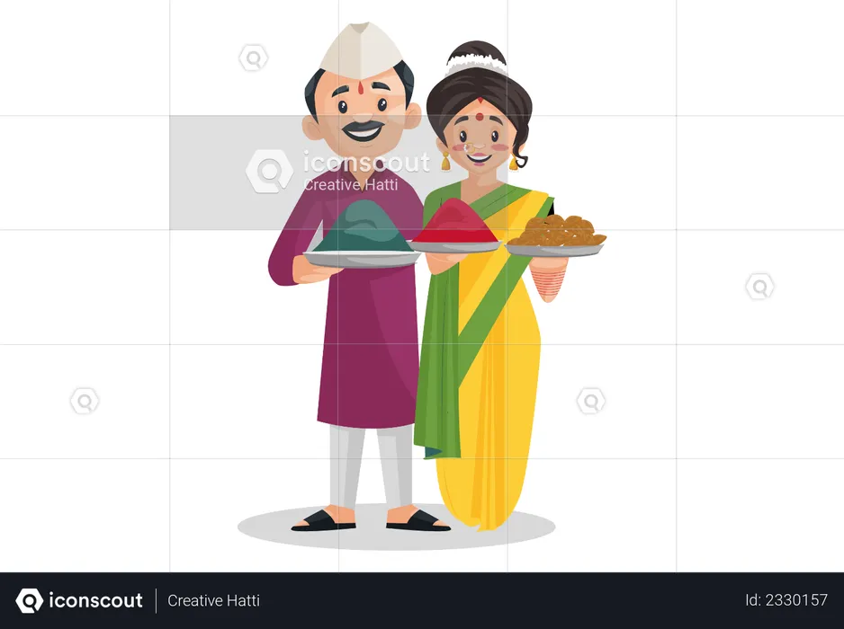 Indian Marathi couple is holding sweets and color plate in her hands  Illustration