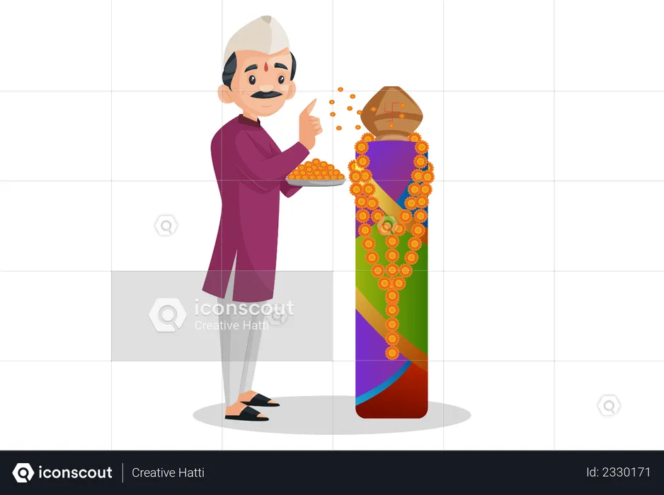 Indian Marathi man is holding flower plate in hand and worship  Illustration