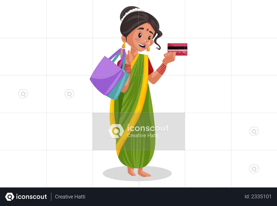 Indian Marathi woman is holding atm card and shopping bags in hand  Illustration