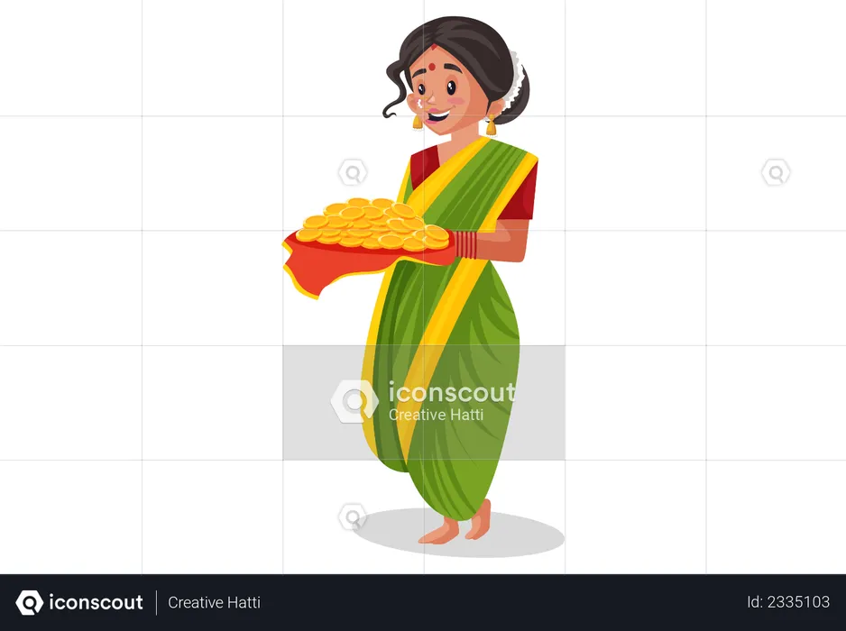 Indian Marathi woman is holding gold coins plate in hands  Illustration