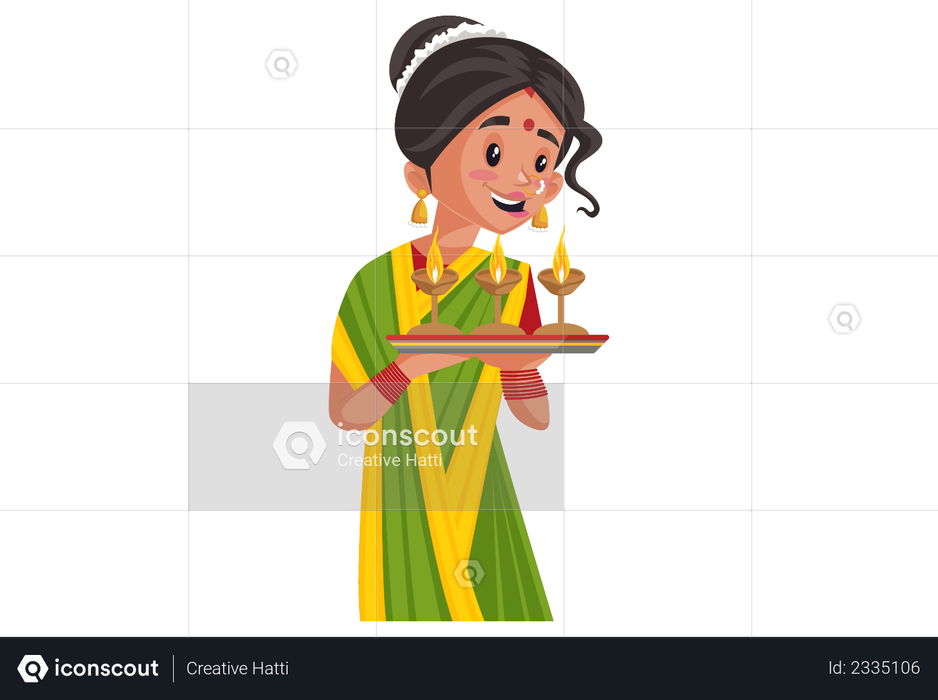 Indian Marathi woman is holding the Diyas plate in hand Illustration