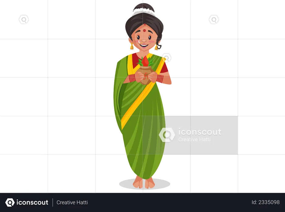 Indian Marathi woman is holding worship vase in hands  Illustration
