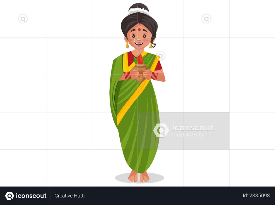Best Indian Marathi woman is holding worship vase in hands Illustration