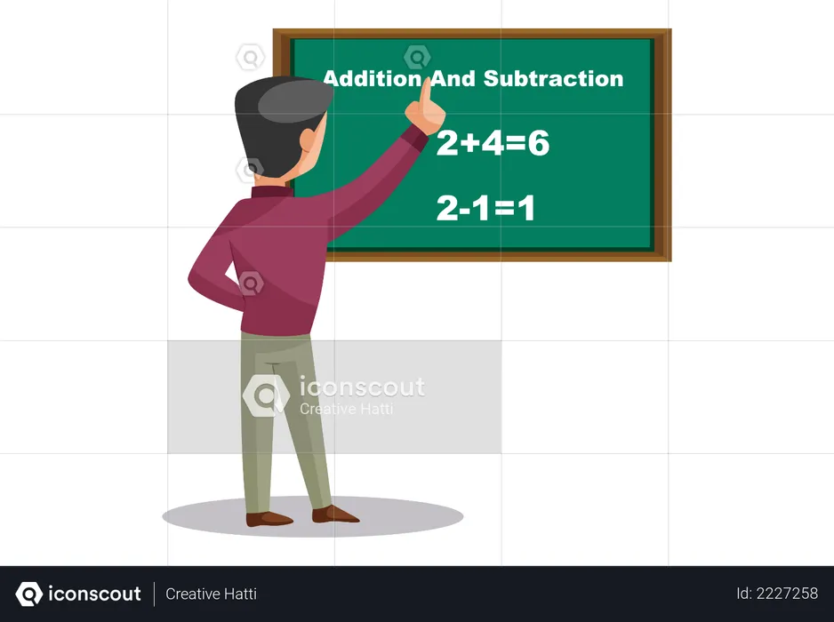 Indian Math Teacher teaching addition and subtraction on board  Illustration