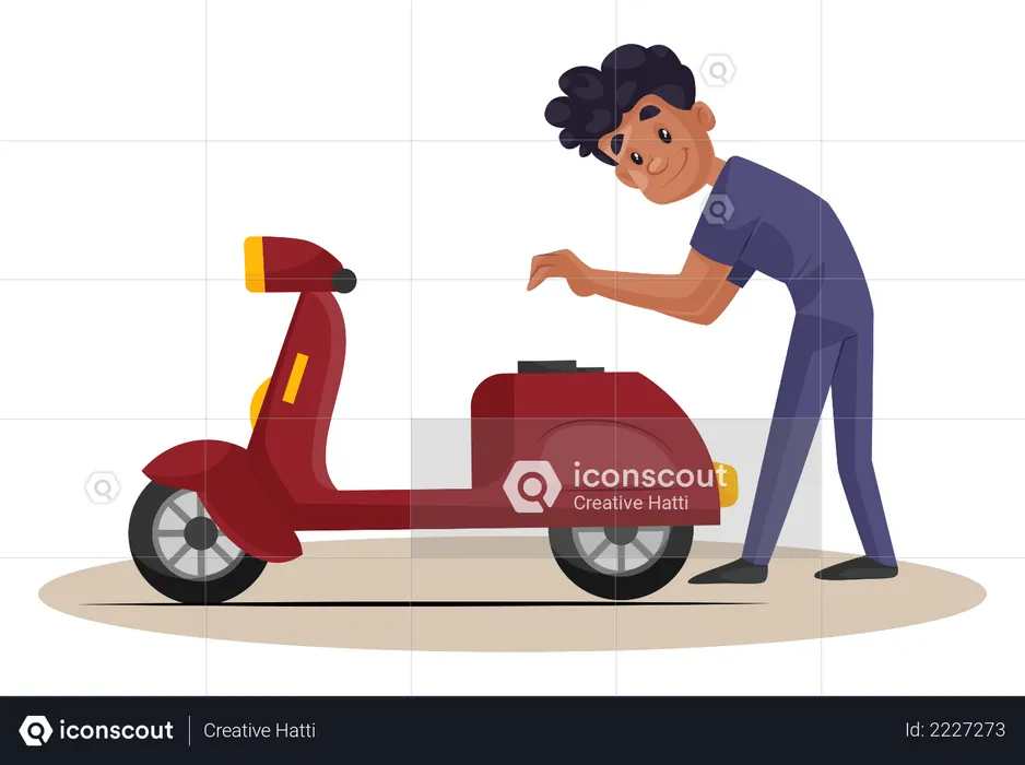 Indian Mechanic checking petrol tank of scooter  Illustration