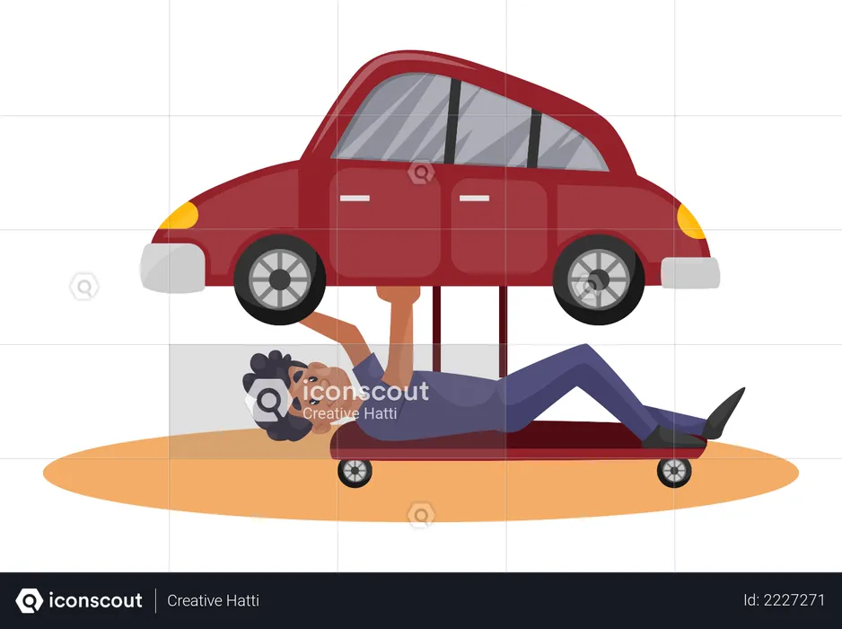 Indian Mechanic checking problem under car  Illustration