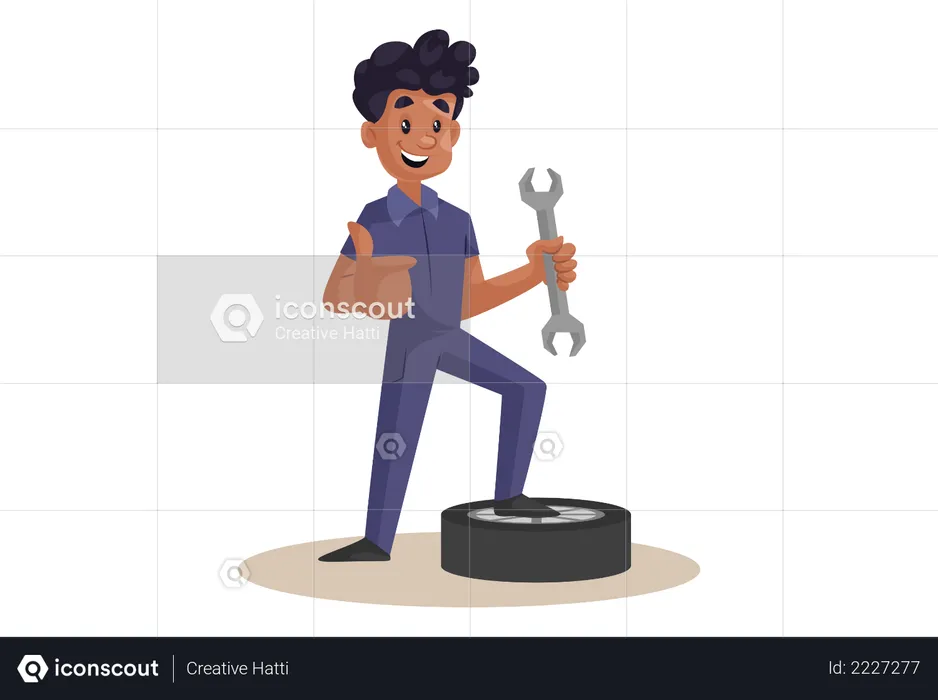 Indian Mechanic repairing wheel with wrench  Illustration