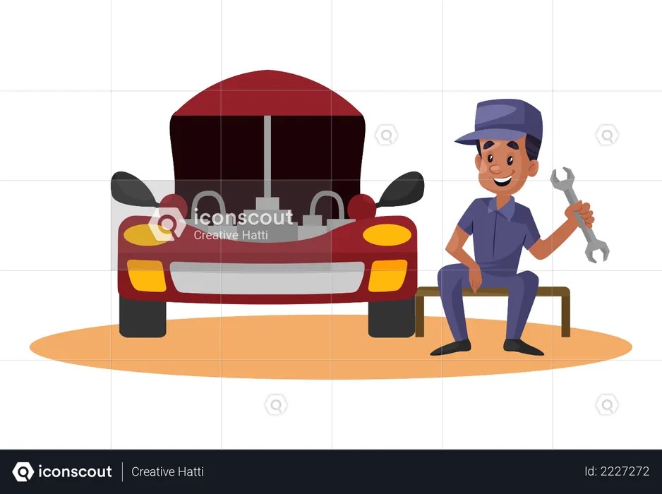 Indian Mechanic resting while repairing car  Illustration