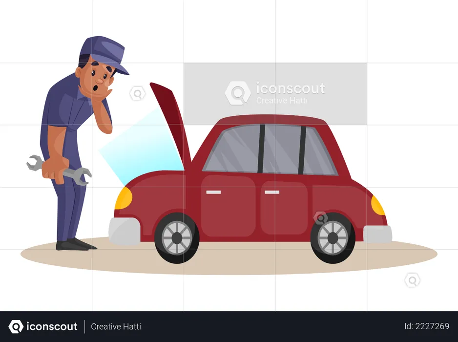 Indian Mechanic shocked while watching car engine  Illustration