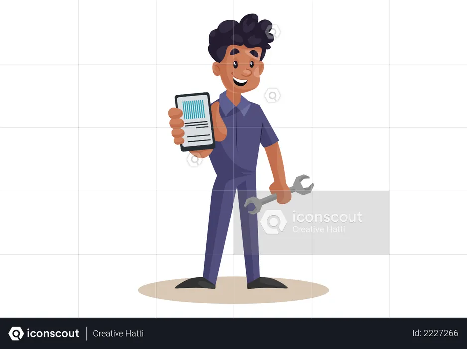 Indian Mechanic showing Smartphone for online app  Illustration