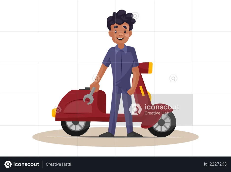 Indian Mechanic standing over repaired scooter holding wrench  Illustration