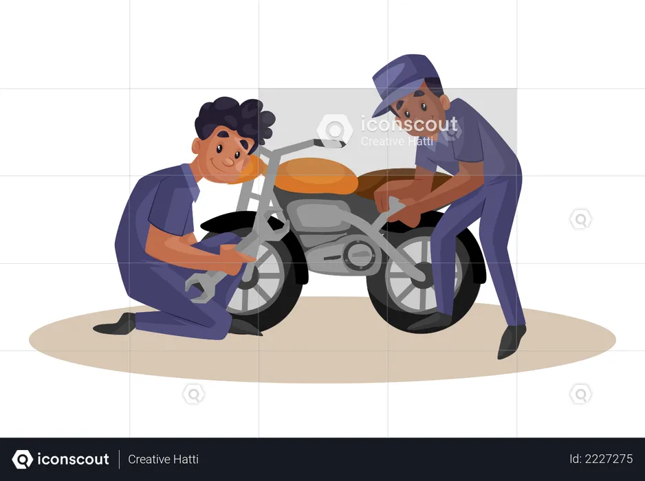 Indian Mechanics Repairing Motorcycle  Illustration