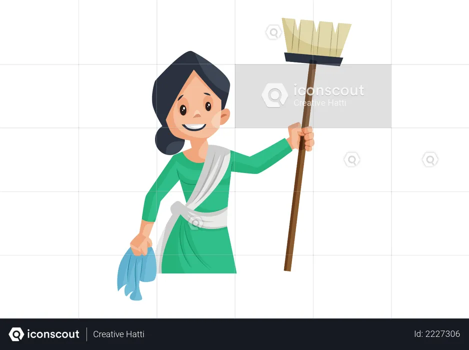 Indian Mother ready to cleaning house with mop in hand  Illustration