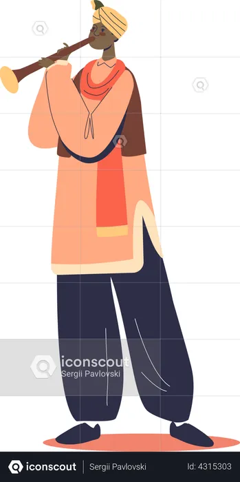 Indian musician man in national clothes playing on shehnai flute  Illustration