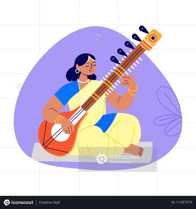 Indian Musician Woman Playing Sarangi  Illustration