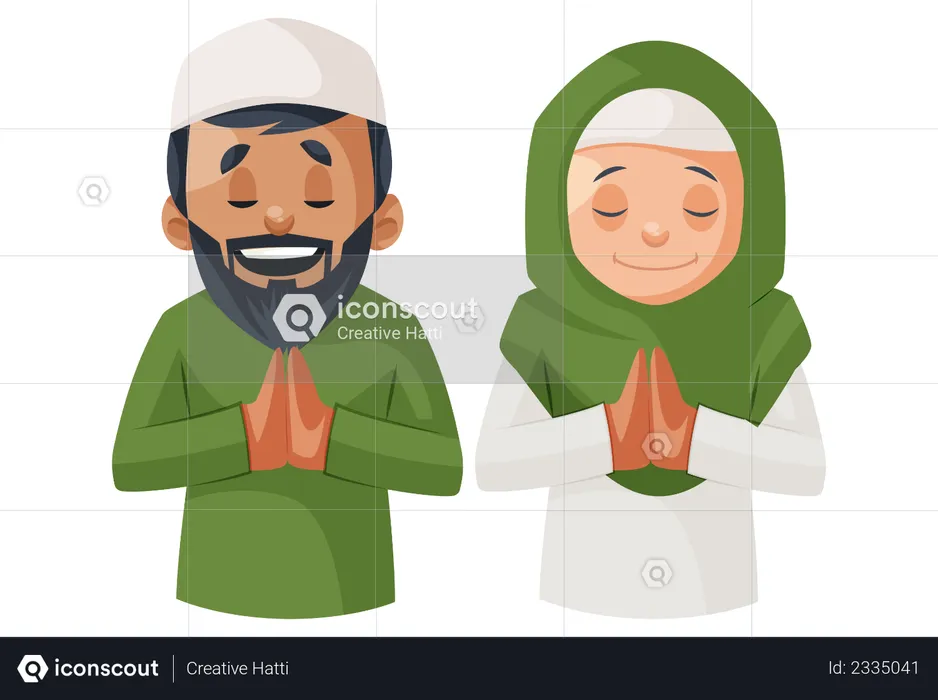 Indian Muslim couple praying to God  Illustration
