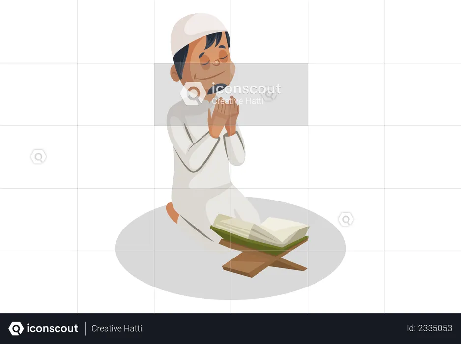 Indian Muslim man is reading the Quran and praying to god  Illustration