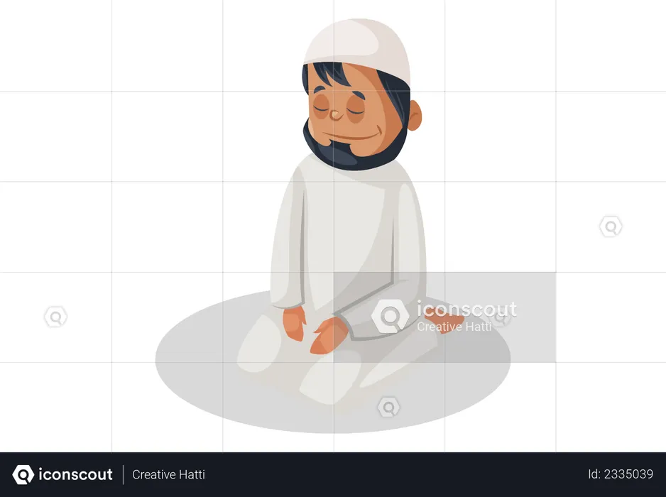 Indian Muslim man is sitting on the floor and praying  Illustration