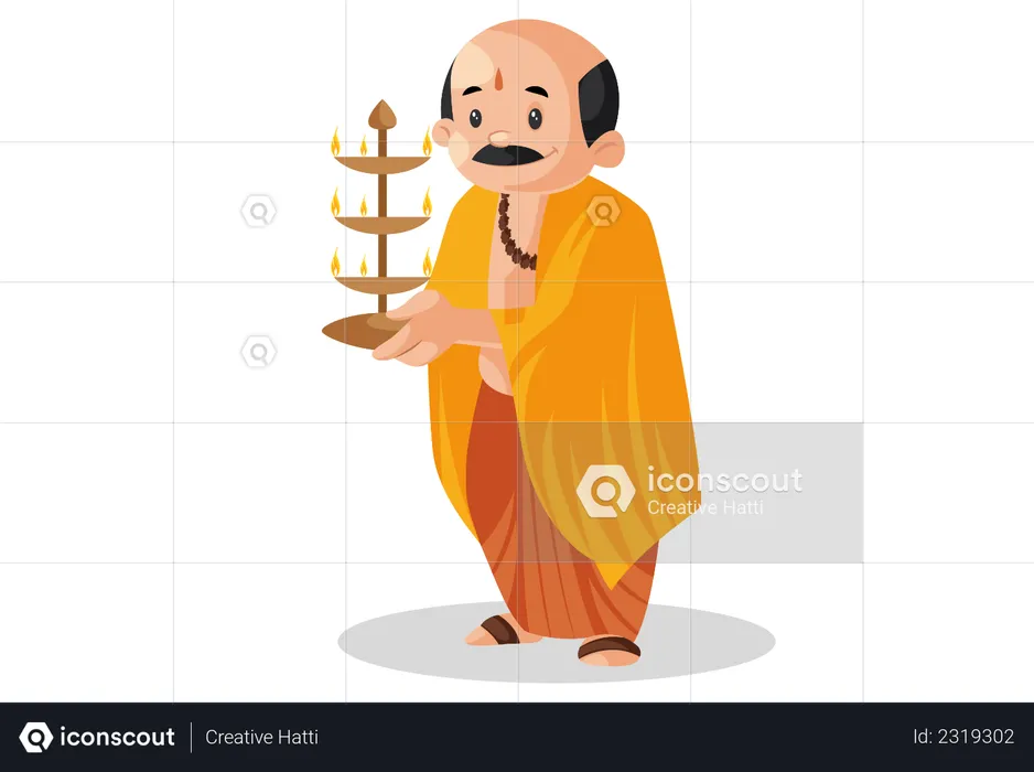 Indian pandit is holding aarti lamp in hand  Illustration