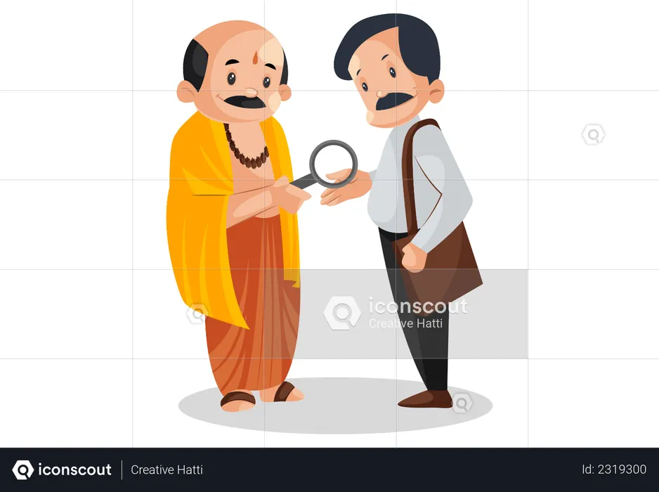Indian pandit is seeing the palm of man with magnifying glass  Illustration