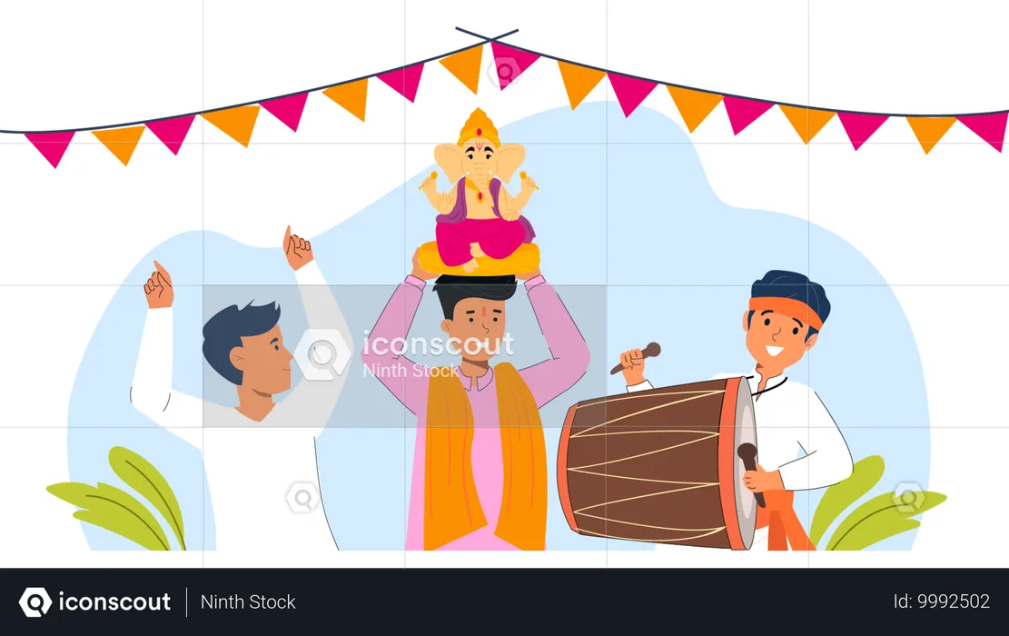 Indian people celebrating Ganesh Chaturthi  Illustration