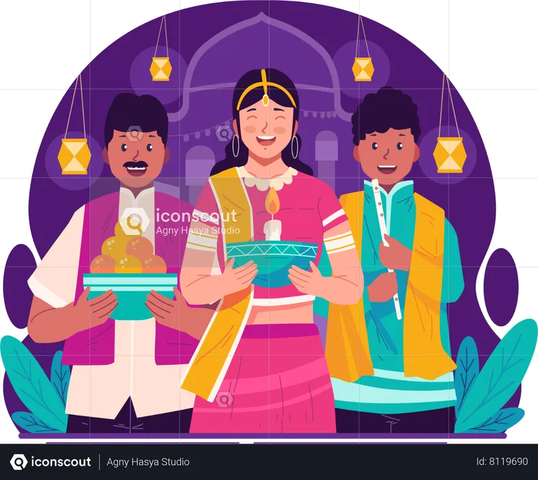 Indian people in traditional clothing celebrating diwali festival of lights  Illustration