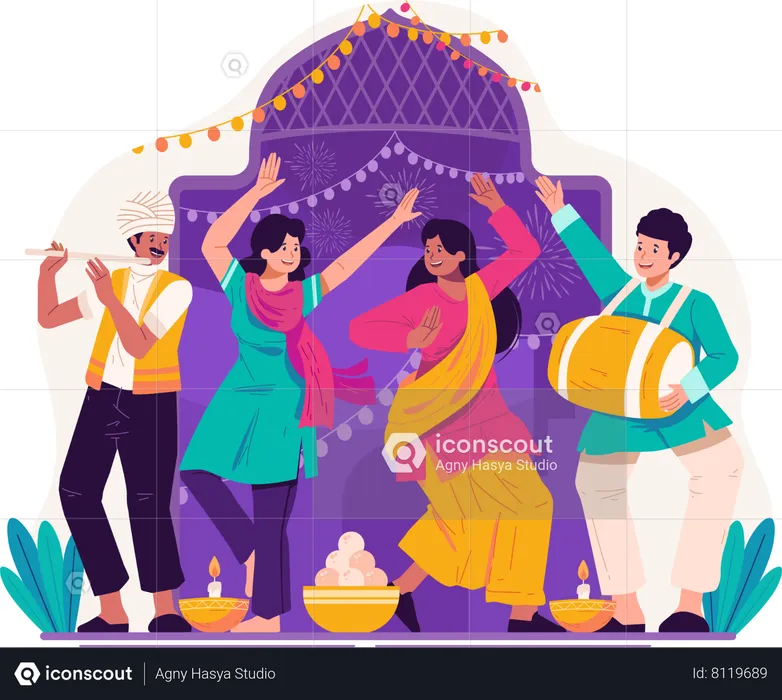 Indian people in traditional clothing dancing to celebrate diwali  Illustration