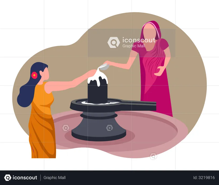 Indian people offering milk on the shiva shivling  Illustration