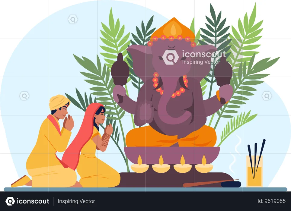 Indian people performing ganpati puja  Illustration