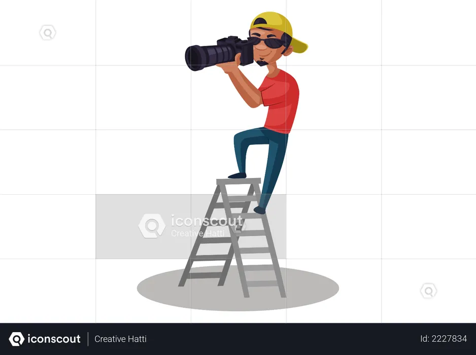 Indian Photographer taking photo on ladder  Illustration