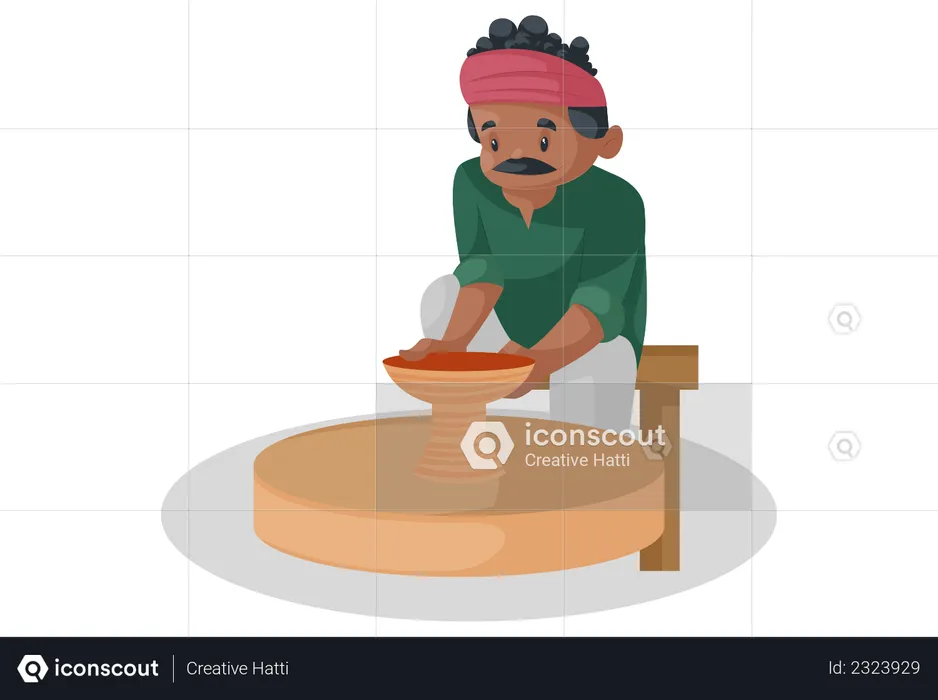 Indian potter is making earthen pot on the spinning wheel  Illustration