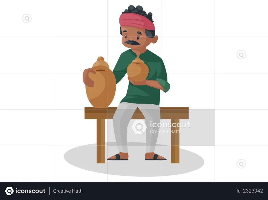 Indian potter is sitting and holding Gullak in hand  Illustration