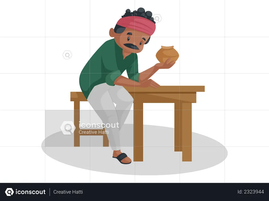 Indian potter is sitting on a table and holding an earthen pot in his hand  Illustration